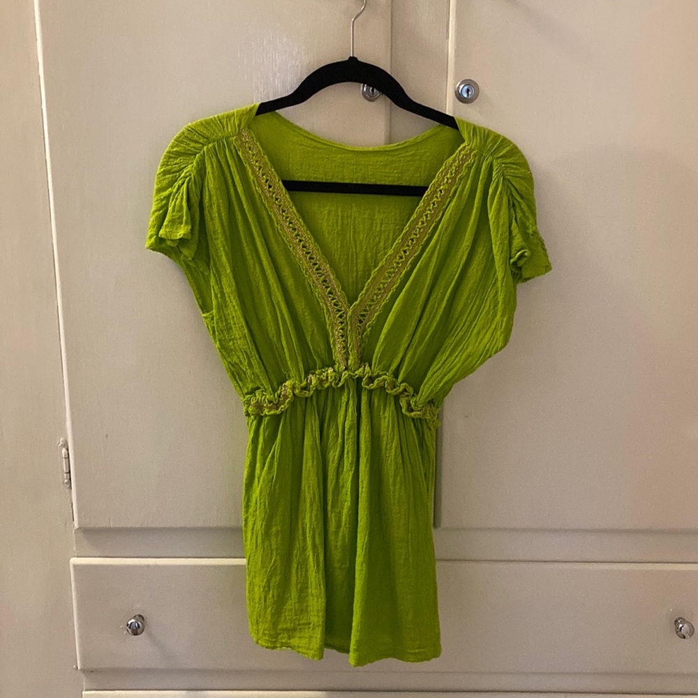 Chartreuse Green Mexican Embroidered Gauzy Short Sleeve Tunic Top Shirt Blouse